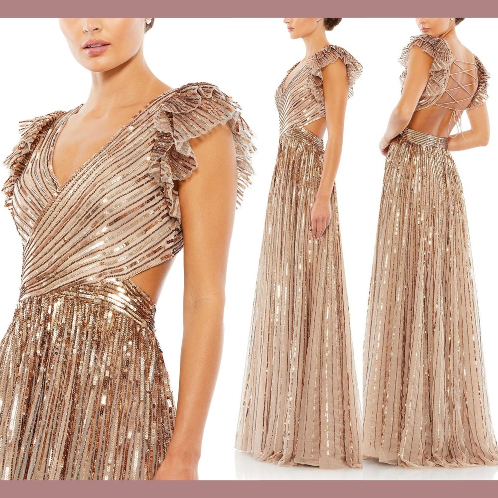 NWT Mac Duggal [ 2 ] 5568 Sequin Cut Out Ruffle Sleeve Lace Up Gown Copper J2091